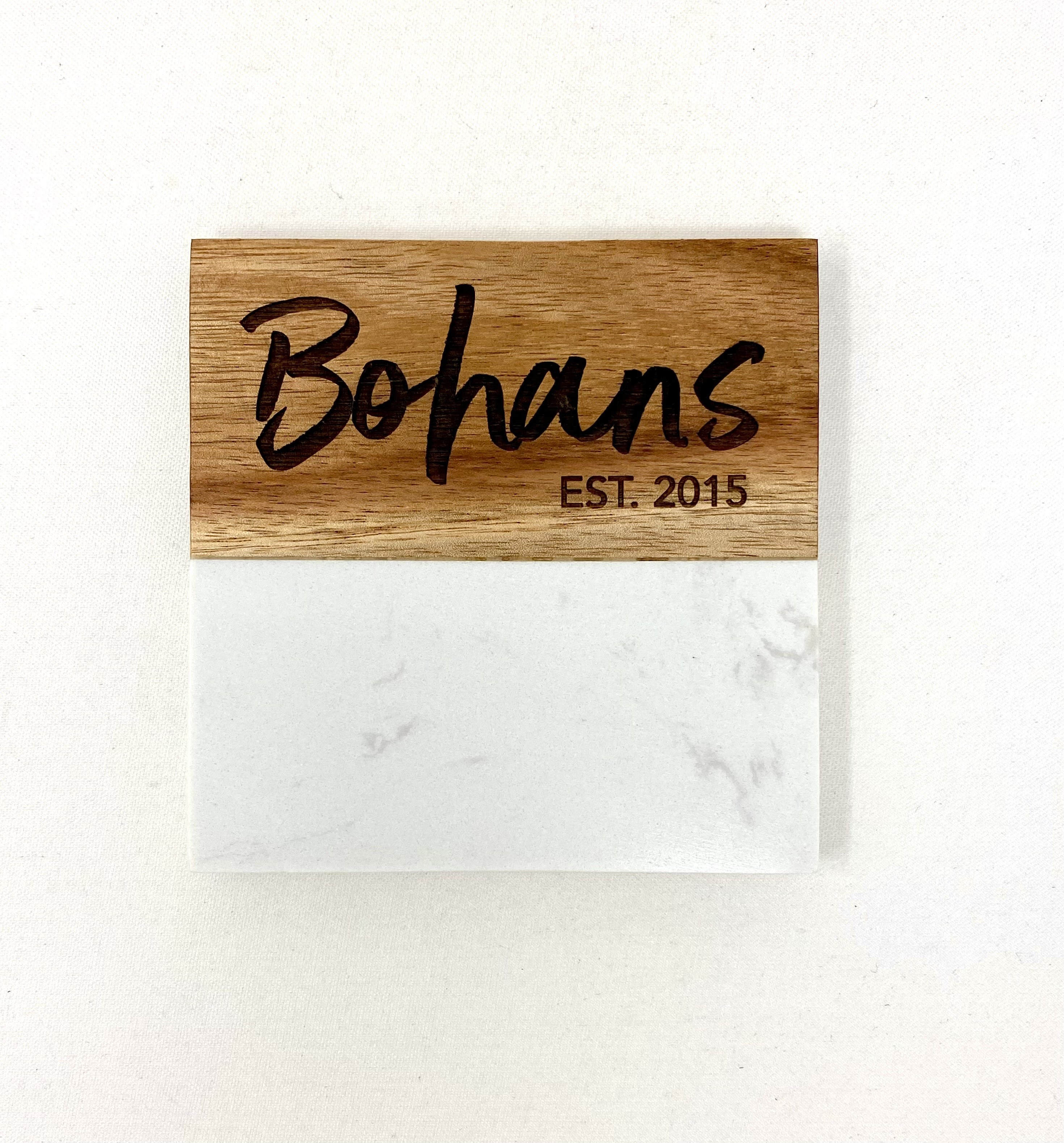 Personalized White Marble and Acacia Wood Coaster
