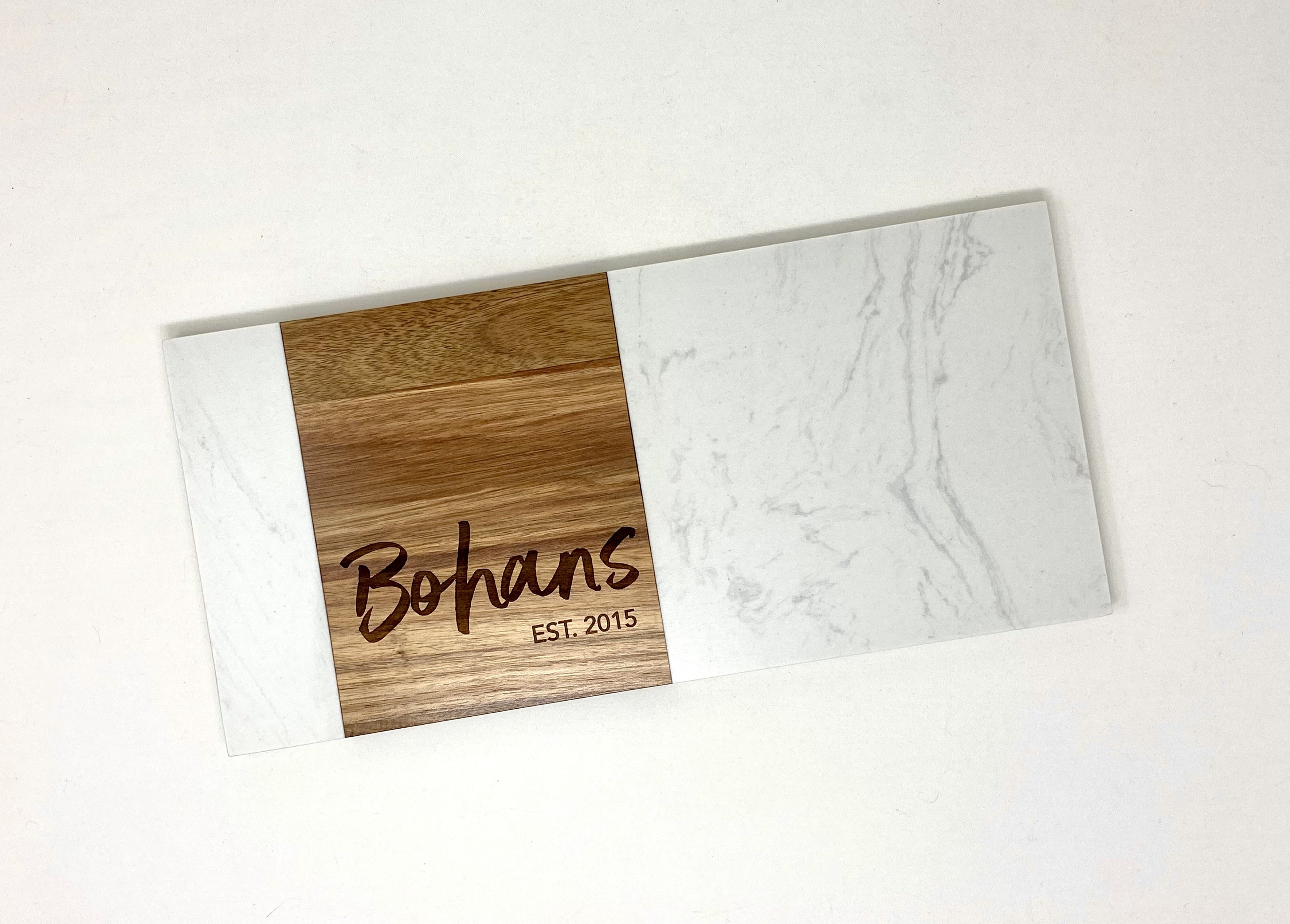 Personalized White Marble and Acacia Wood Serving Board